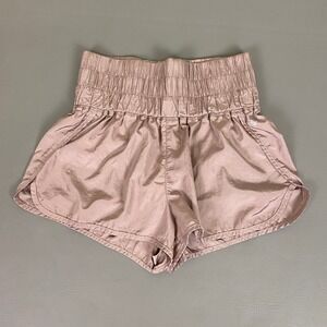 Free People Movement Shorts Large Shiny Taupe High Rise Smocked Waist Athletic